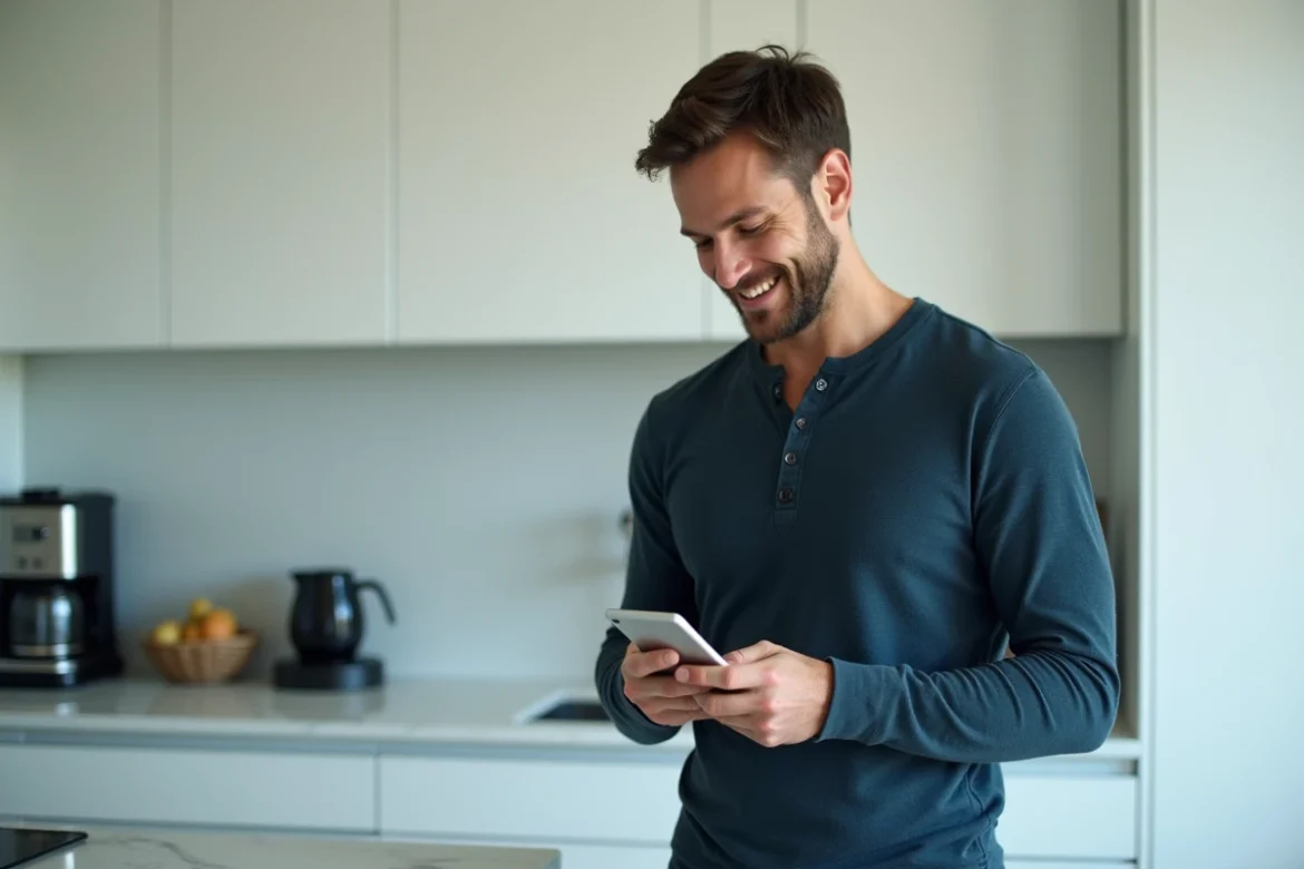 Homme découvrant un code bonus sur une application de récompenses depuis son smartphone en cuisine