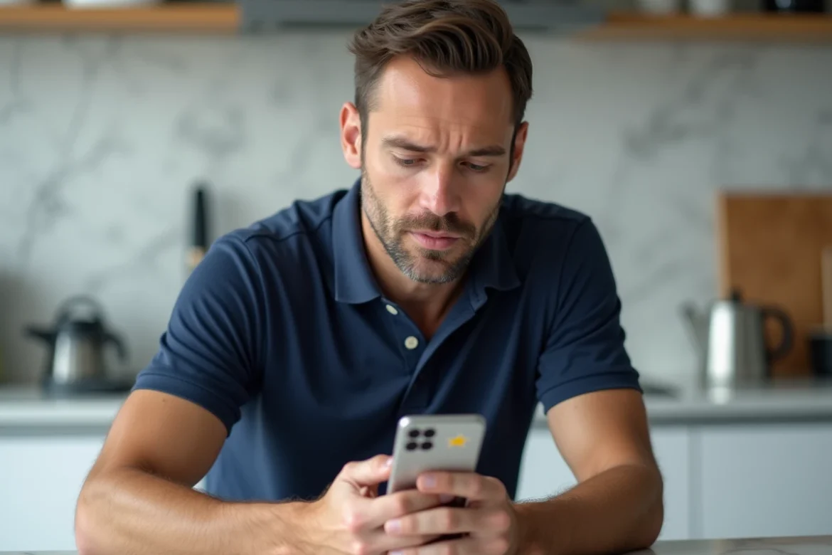 Homme consultant les évaluations et avis d'une boutique en ligne sur son smartphone avant un achat
