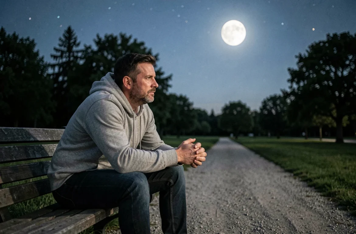 Homme pensif assis dans un parc la nuit observant la pleine lune avec une humeur mélancolique
