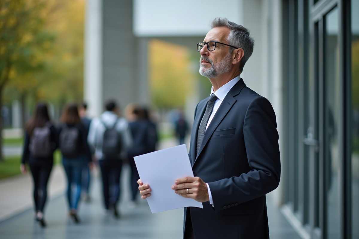 Professeur dans un bâtiment universitaire moderne