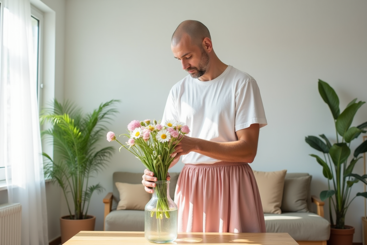 Homme arrangeant des fleurs dans un intérieur lumineux