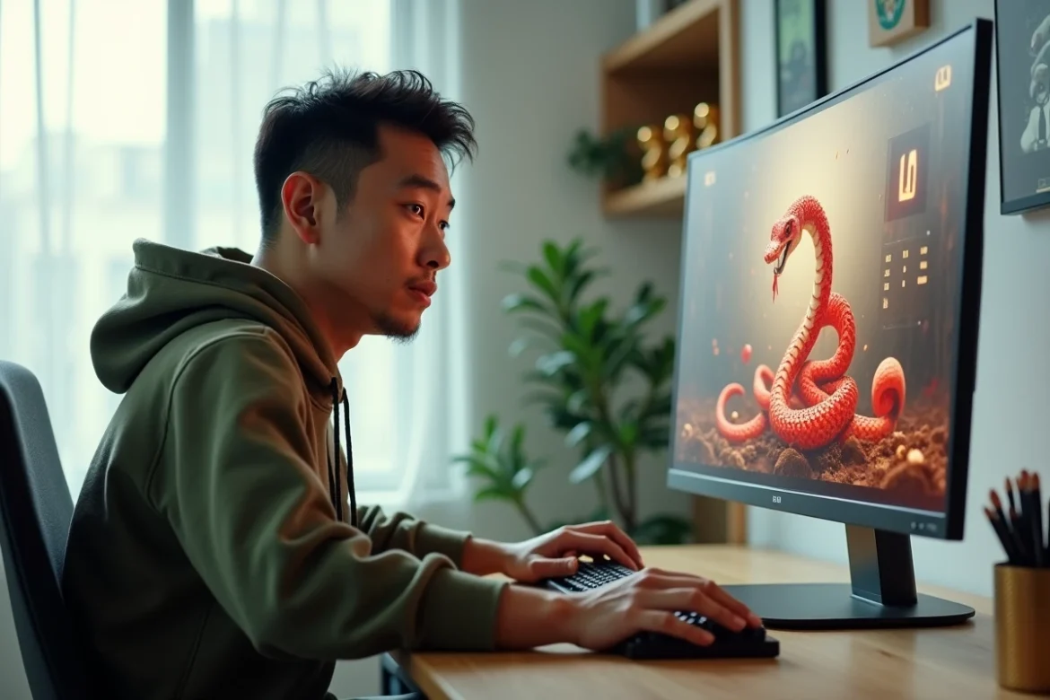 Homme en home office jouant au jeu Google du Serpent sur un grand écran avec des figurines décoratives du Nouvel An chinois sur l'étagère