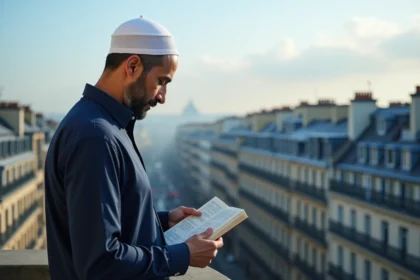 Homme musulman consultant un calendrier des horaires de prière sur un balcon parisien dans le 19e arrondissement