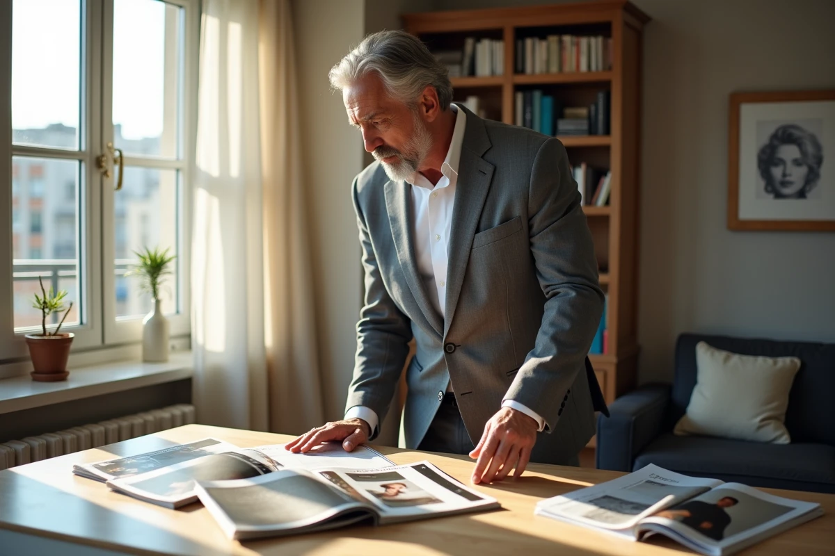 Homme en costume regardant magazines dans un appartement moderne