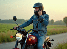 Homme en denim ajustant son casque sur une moto en campagne