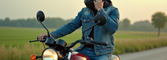 Homme en denim ajustant son casque sur une moto en campagne