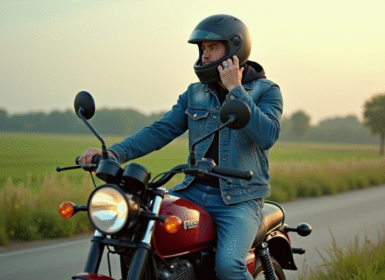 Homme en denim ajustant son casque sur une moto en campagne