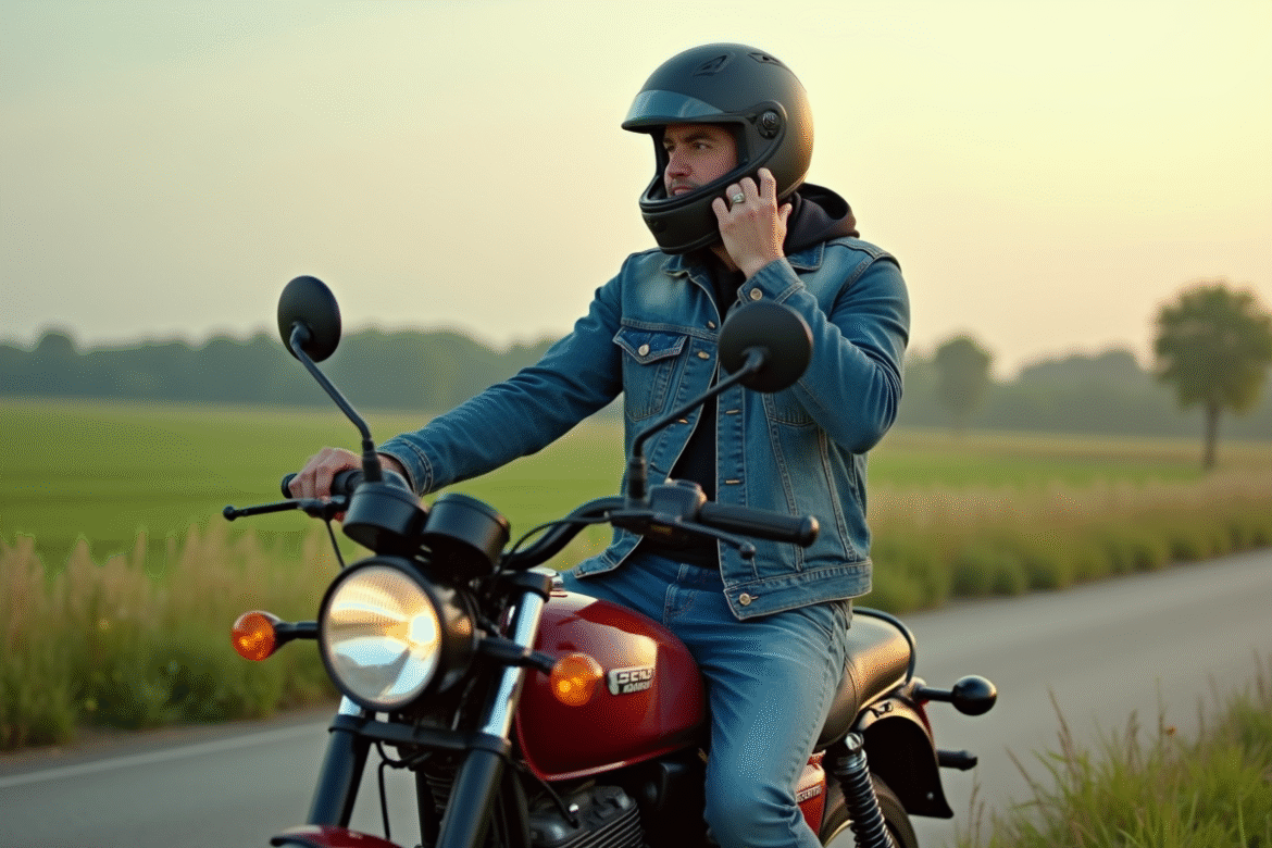 Homme en denim ajustant son casque sur une moto en campagne