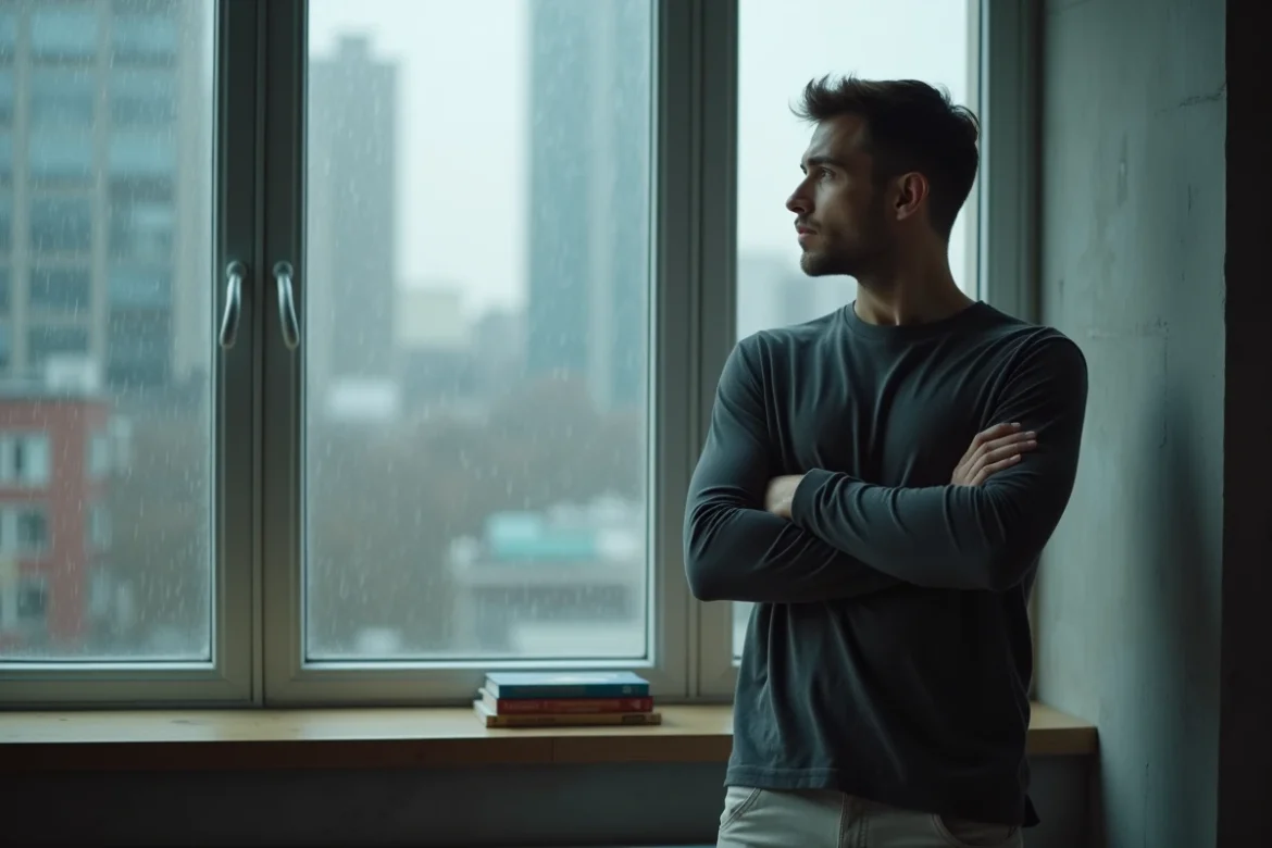 Homme pensif devant une fenêtre pluvieuse dans un appartement moderne, évoquant la nostalgie et les signes d'un retour de flamme