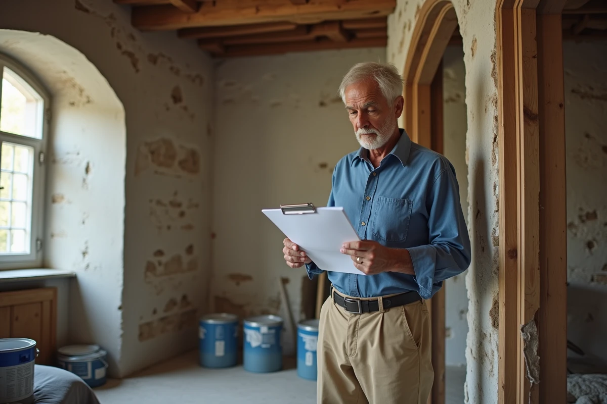 Homme examinant un plan de renovation dans un intérieur ancien