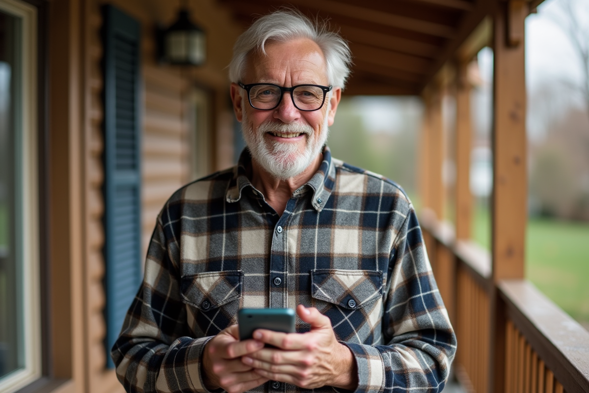 Homme âgé souriant sur le porche dans un quartier résidentiel