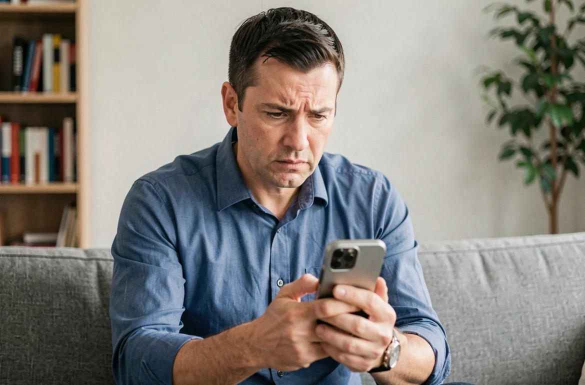 Homme scrutant son smartphone avec méfiance, cherchant à identifier une arnaque ou fraude financière en ligne