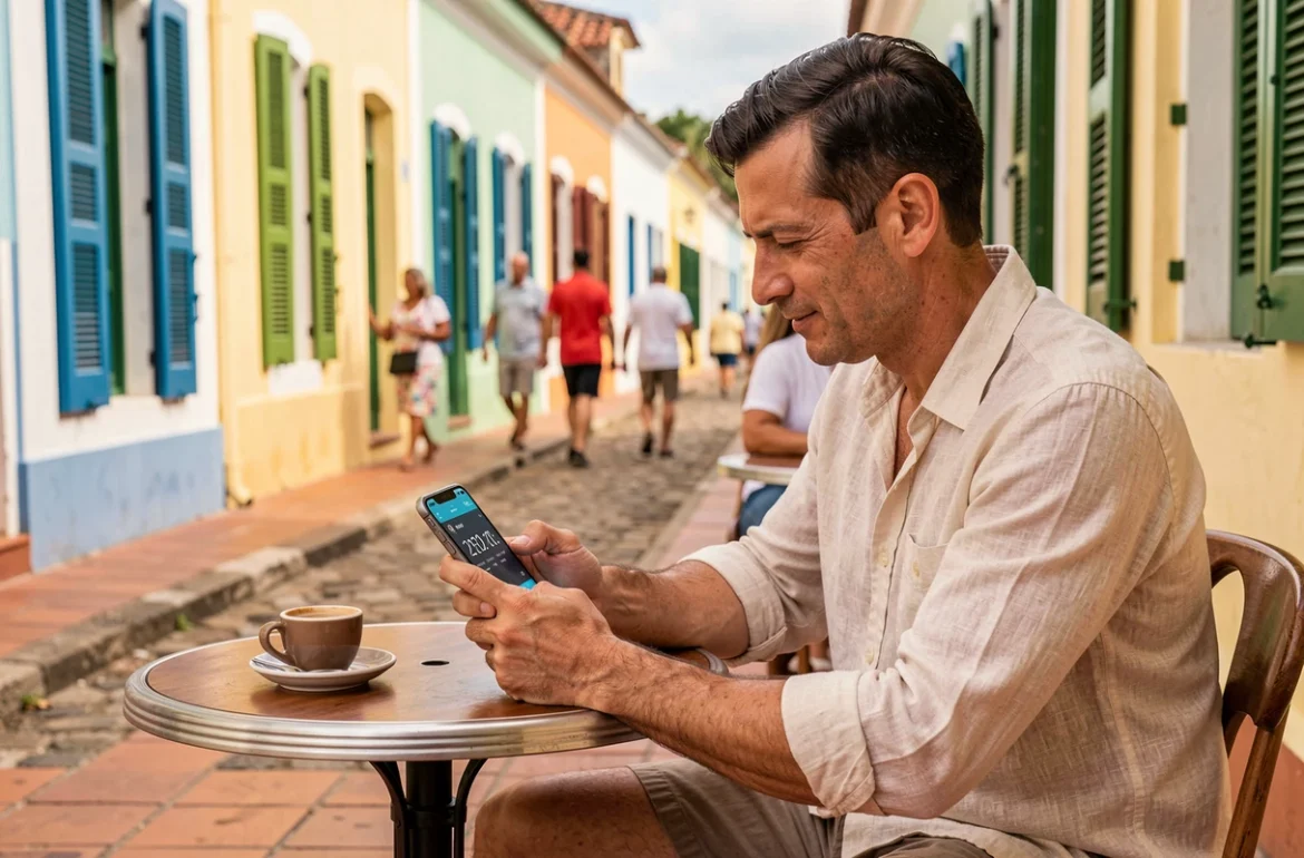 Homme consultant l'heure sur son smartphone à une terrasse de café à Pointe-à-Pitre en Guadeloupe