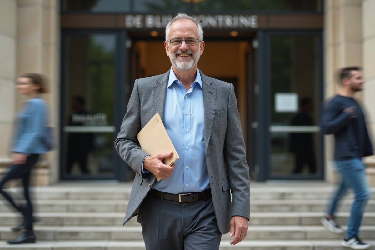 Homme en costume sortant d’un bâtiment administratif français