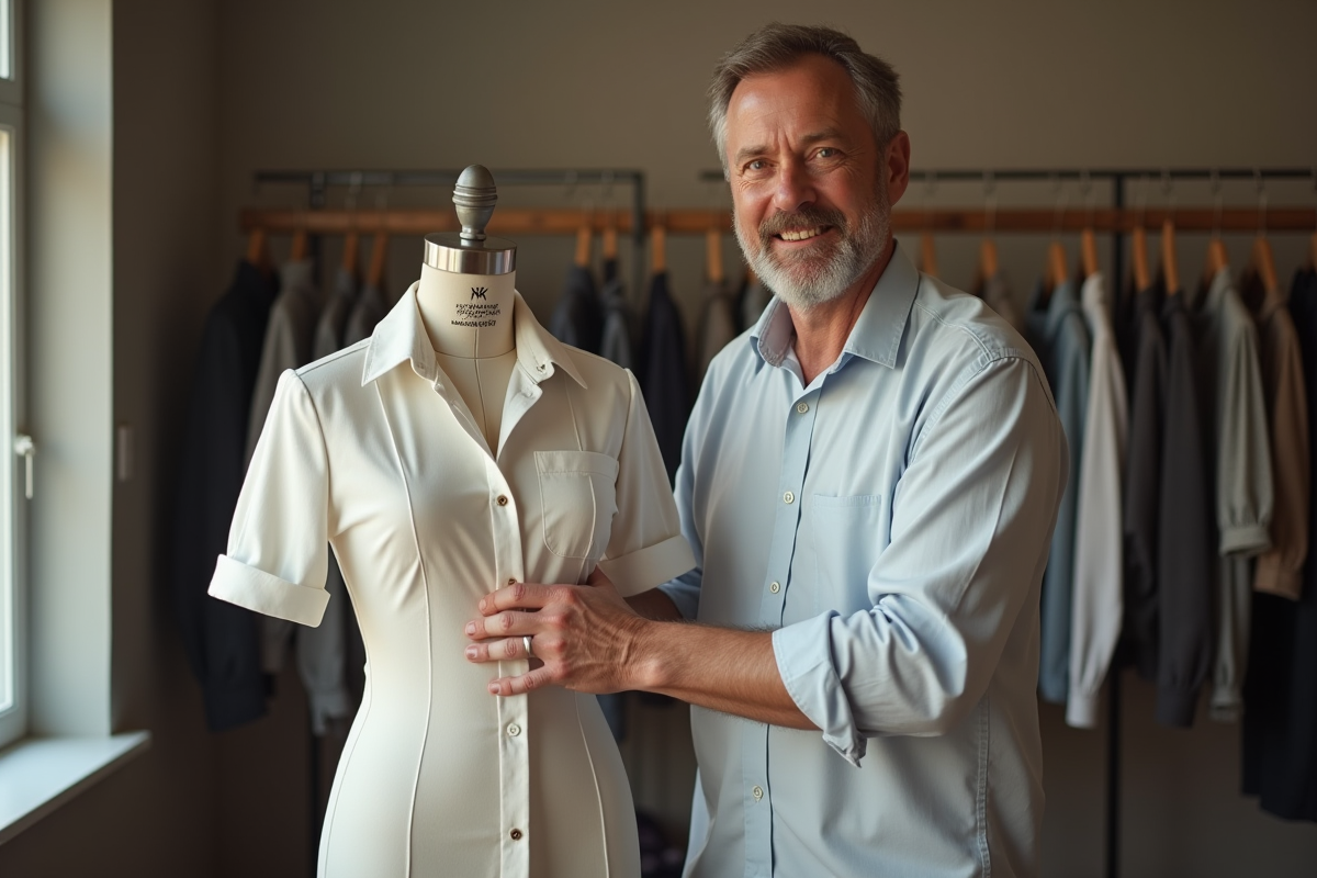 Homme ajustant un vêtement sur un mannequin dans un studio lumineux