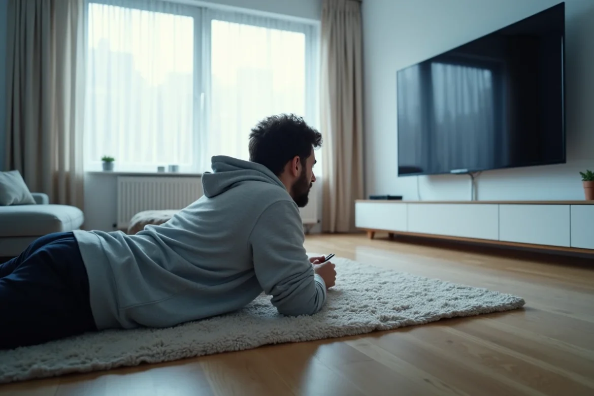 Homme allongé sur le tapis du salon regardant la télévision par temps de pluie dans un intérieur moderne au style scandinave