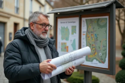 Homme d'âge moyen examinant des plans urbains en ville