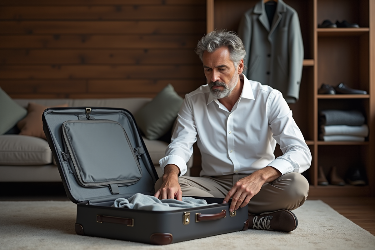 Homme vérifiant ses vêtements dans un salon moderne