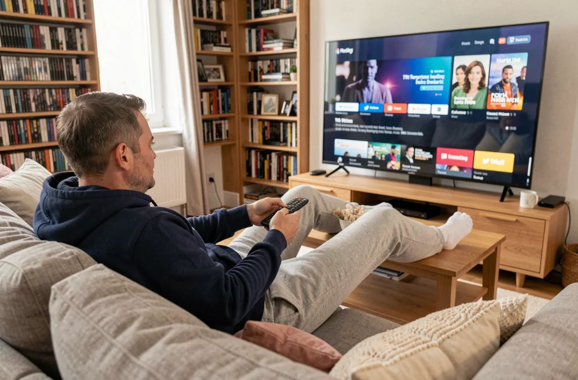 Homme regardant un film en VOD sur son canapé dans un salon moderne, soirée cinéma à la maison