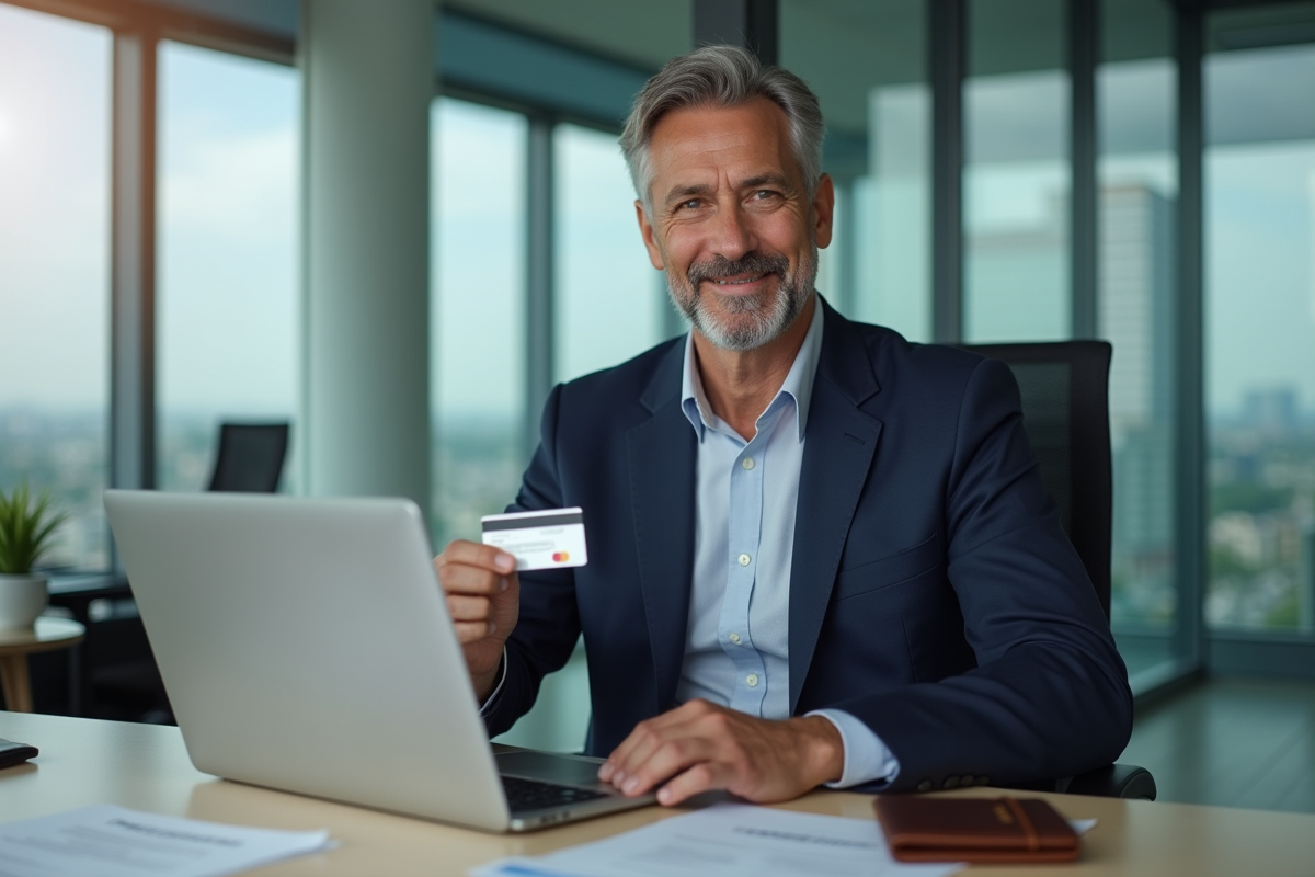Homme d affaires utilise sa carte bancaire au bureau