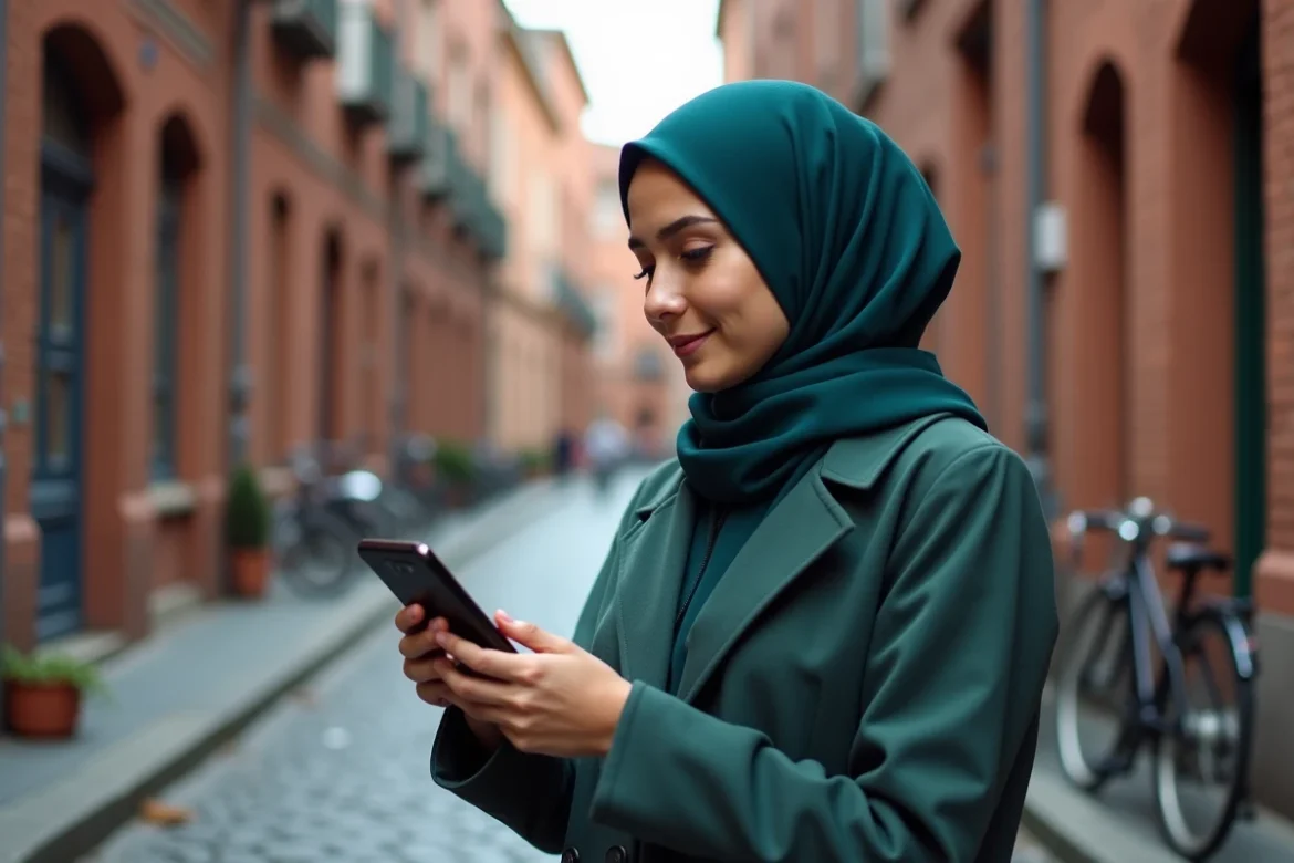 Femme consultant les horaires de prière sur son téléphone dans le quartier Saint-Cyprien à Toulouse