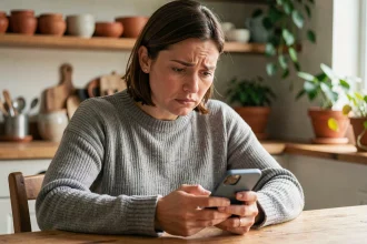 Femme tenant un smartphone affichant un numéro de téléphone inconnu, l'air perplexe, assise dans une cuisine moderne