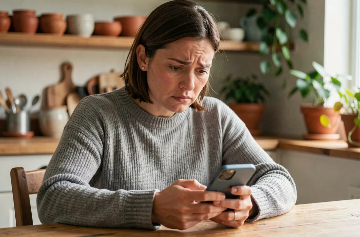 Femme tenant un smartphone affichant un numéro de téléphone inconnu, l'air perplexe, assise dans une cuisine moderne