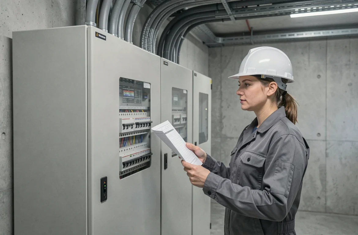 Ingénieure électricienne comparant un tableau de calibres de disjoncteurs triphasés dans une salle électrique de bâtiment commercial