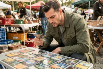 Homme inspectant des cartes Pokémon sur une table de vide-greniers en plein air lors d'une brocante française