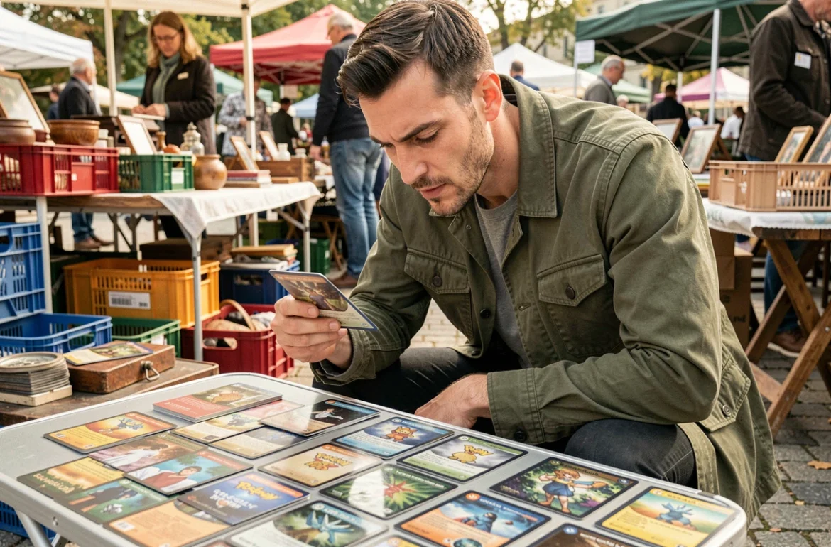 Homme inspectant des cartes Pokémon sur une table de vide-greniers en plein air lors d'une brocante française