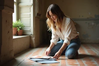 Femme inspectant des échantillons de couleur dans un appartement ancien