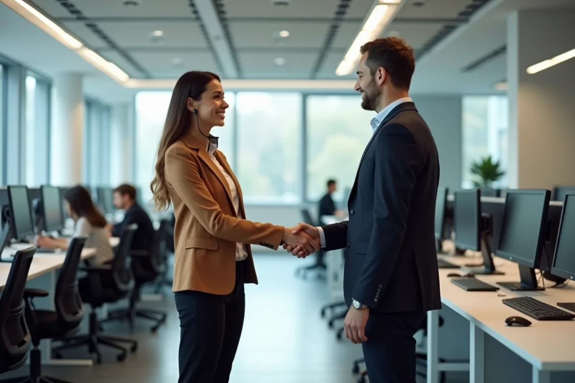 Responsable relation client accueillant un nouvel employé recruté via un cabinet spécialisé dans un open space à Lille