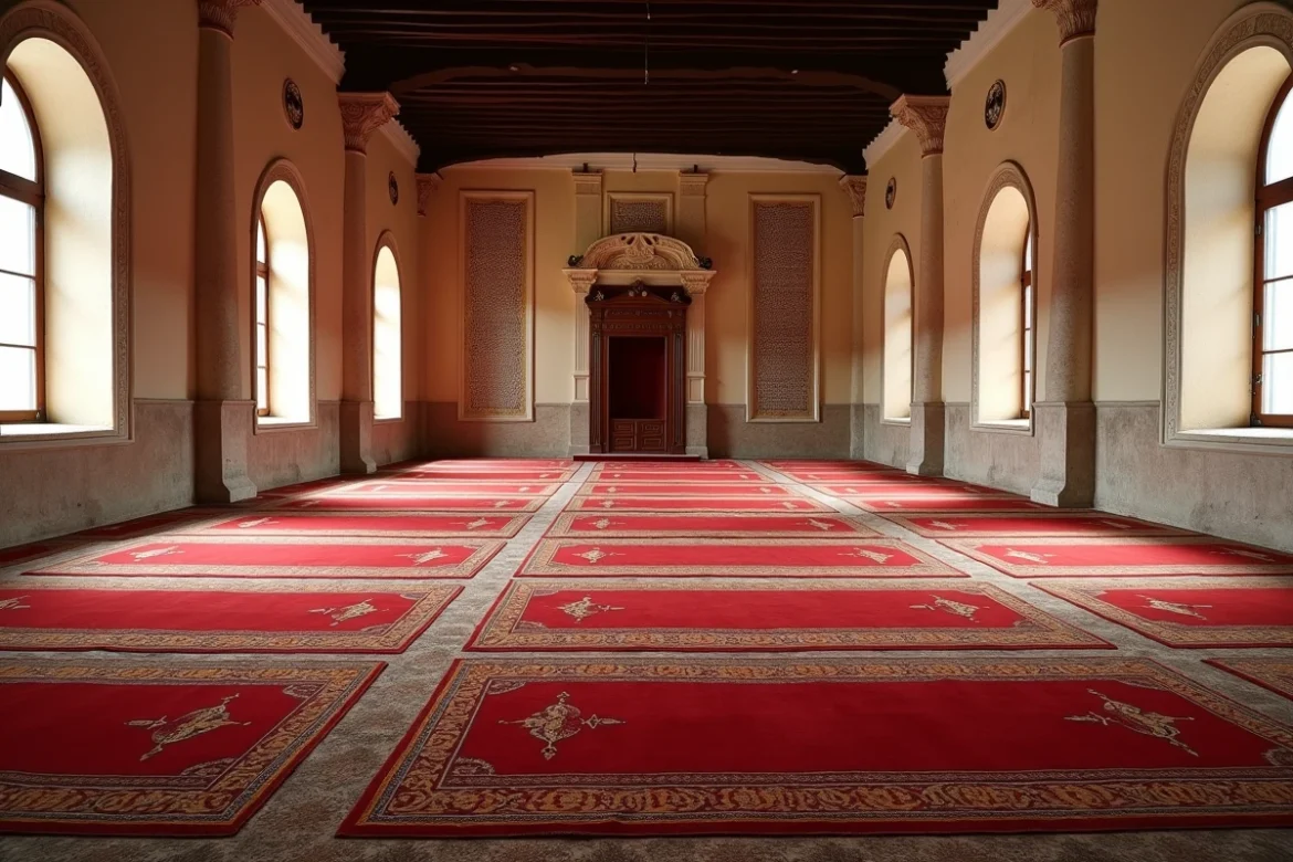 Intérieur d'une mosquée de Toulouse avec rangées de tapis de prière et calligraphie arabe avant l'heure de la prière