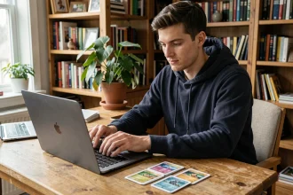 Jeune adulte analysant des cartes Pokémon Aventure Ensemble sur un bureau en bois avec un ordinateur portable