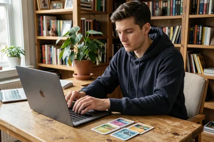 Jeune adulte analysant des cartes Pokémon Aventure Ensemble sur un bureau en bois avec un ordinateur portable