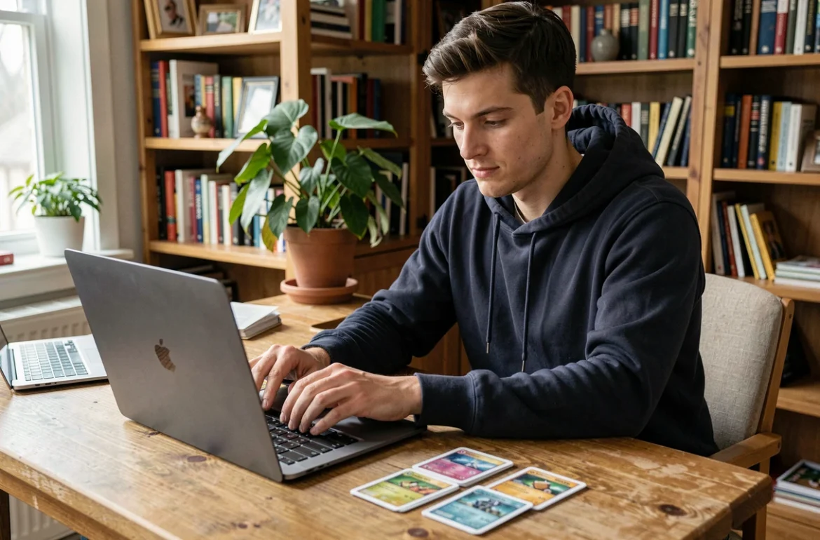 Jeune adulte analysant des cartes Pokémon Aventure Ensemble sur un bureau en bois avec un ordinateur portable