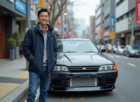 Homme japonais avec Skyline GTR en ville dynamique