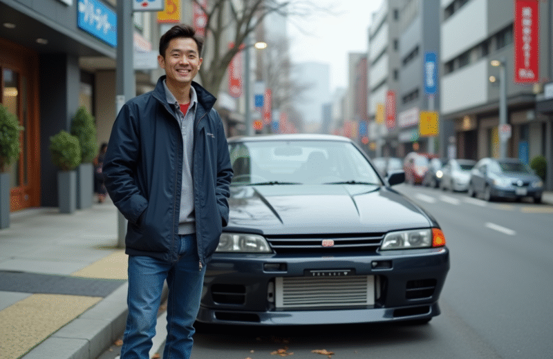 Homme japonais avec Skyline GTR en ville dynamique