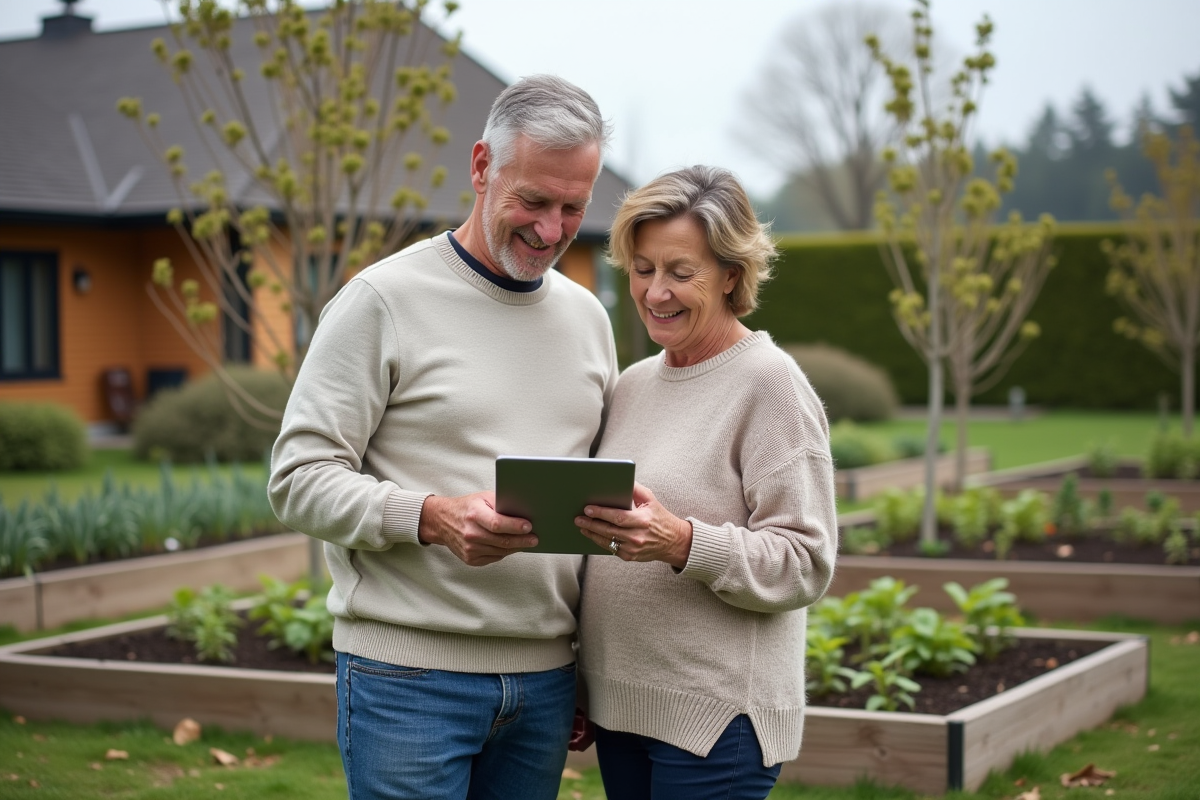 Homme et femme dans un jardin communautaire avec tablette