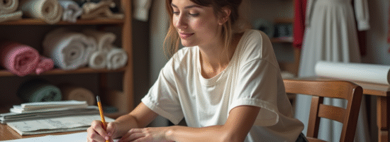 Jeune femme dessinant des modèles de mode dans un atelier créatif