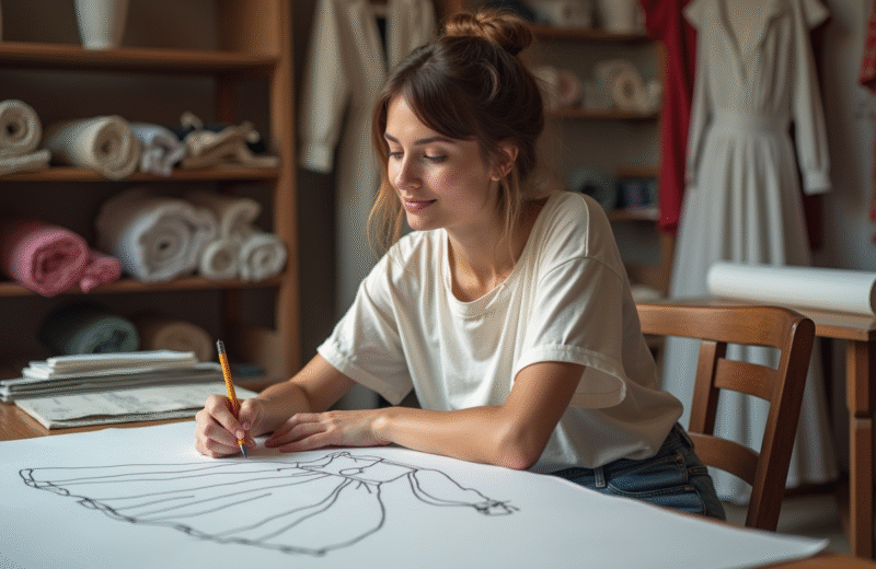 Jeune femme dessinant des modèles de mode dans un atelier créatif