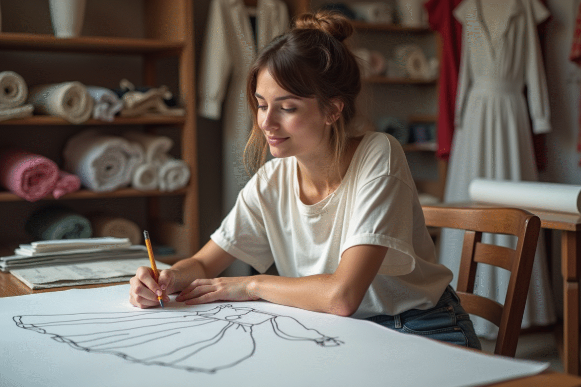 Jeune femme dessinant des modèles de mode dans un atelier créatif