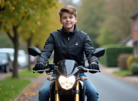 Jeune garçon en veste sportive sur moto 50cc dans un quartier