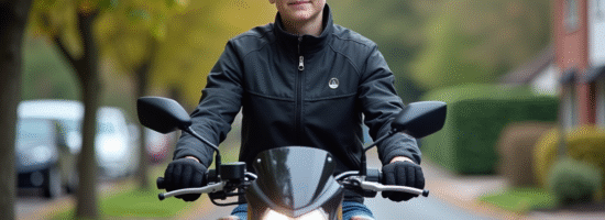 Jeune garçon en veste sportive sur moto 50cc dans un quartier