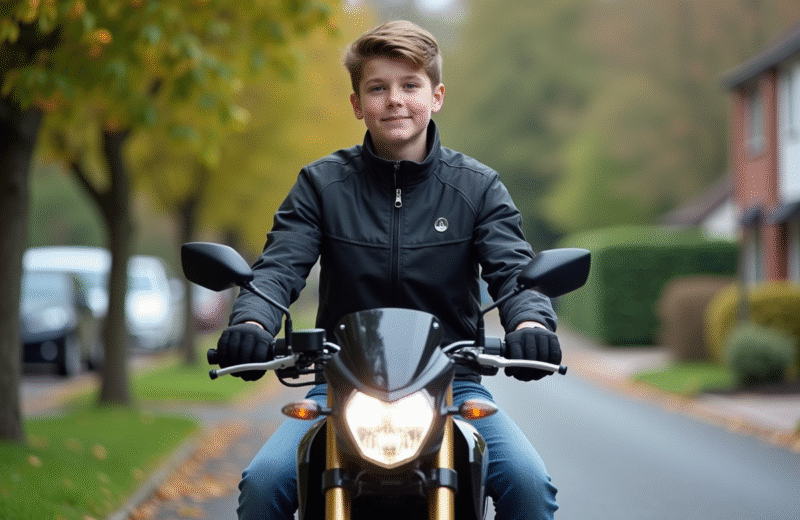 Jeune garçon en veste sportive sur moto 50cc dans un quartier