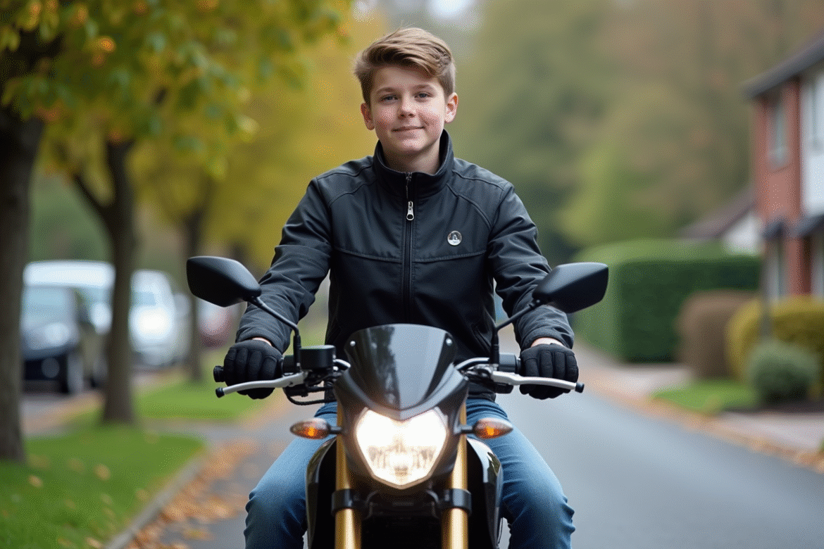 Jeune garçon en veste sportive sur moto 50cc dans un quartier