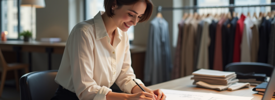 Jeune créatrice de mode en atelier avec croquis et tissus