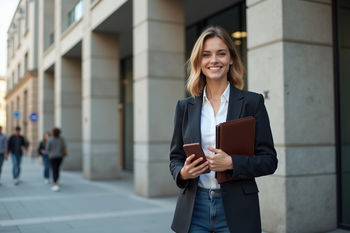 Jeune femme professionnelle devant une banque moderne souriante