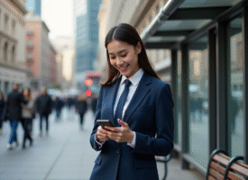 Jeune femme en costume bleu dans la ville avec téléphone