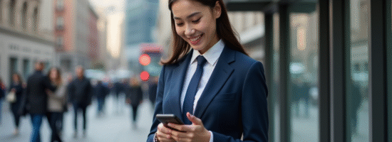 Jeune femme en costume bleu dans la ville avec téléphone